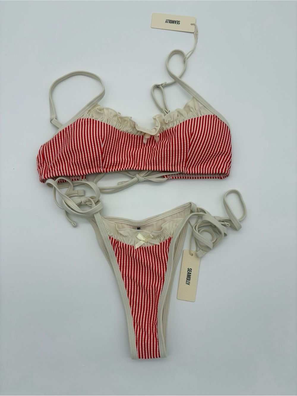 Red Stripe Ruffle Trim Bikini NWT